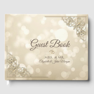 Elegante Goldherzen Rahmen Bokeh Hochzeit Gästebuch