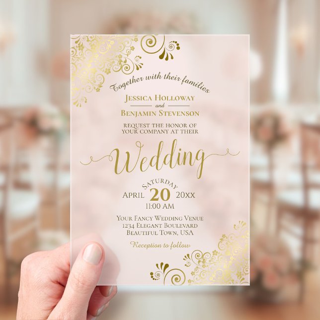 Elegante Goldkalligrafie Blush Pink Wedding Acryleinladungen (Von Creator hochgeladen)