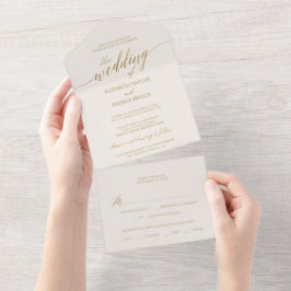 Elegante Goldkalligrafie Elfenbeinhochzeit All In One Einladung