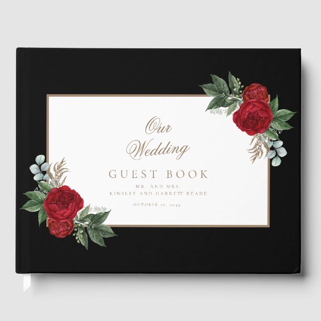 Elegante Goldkalligrafie Rote Blumenhochzeit Gästebuch (Vorderseite)