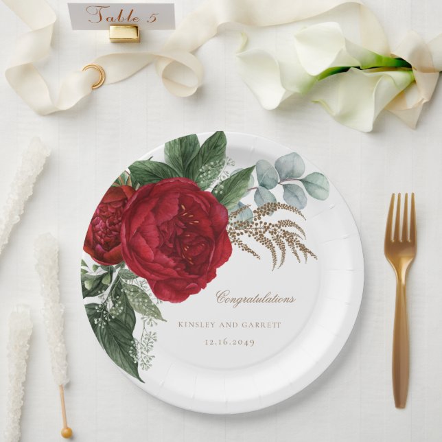 Elegante Goldkalligrafie Rote Blumenhochzeit Pappteller (Hochzeit)