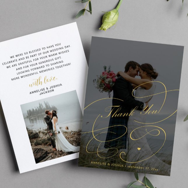 Elegante Goldkalligraphie 2 Fotos schicke Hochzeit Dankeskarte (Von Creator hochgeladen)