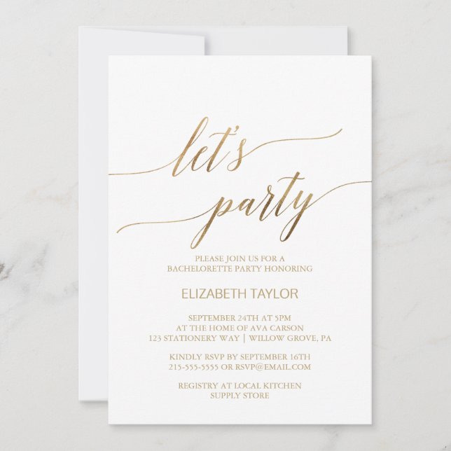 Elegante Goldkalligraphie Lasst uns Party Einladung (Vorderseite)