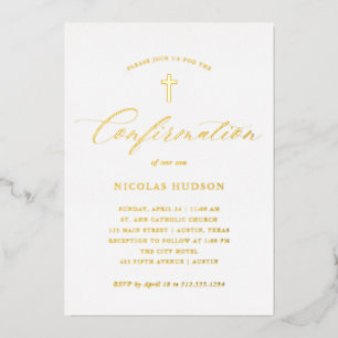 Elegante Goldkalligraphie und Kreuz Konfirmation Folieneinladung