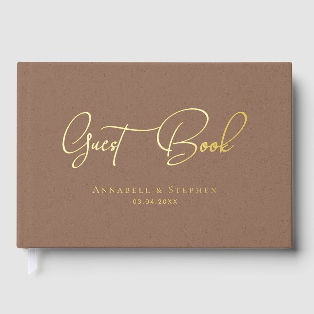 Elegante, goldkopferfarbene Hochzeit mit Silberfol Gästebuch (Vorderseite)