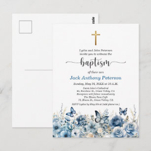 Elegante Goldkreuz Blaue Blumen Tauf Einladung Postkarte
