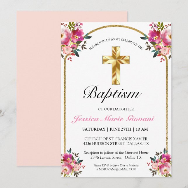 Elegante Goldkreuz Rosa Bläsertaufe Einladung (Vorne/Hinten)