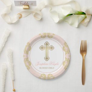 Elegante Goldkreuz-Rosa-Damaskus-Taufparty für Mäd Pappteller