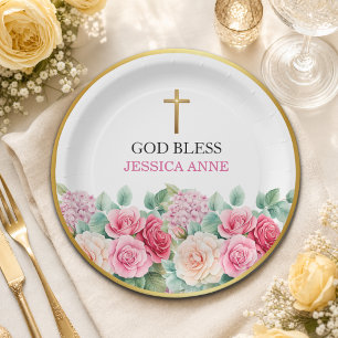 Elegante Goldkreuz-Rosen-Blumen-Taufe Pappteller