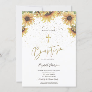 Elegante Goldkreuz-Sonnenblumen Taufe Einladung
