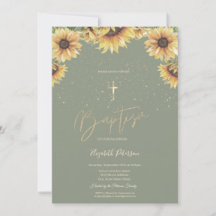 Elegante Goldkreuz-Sonnenblumen-Taufe Sagegrün Einladung