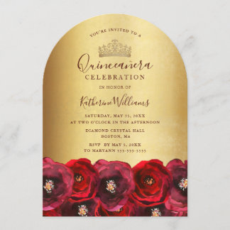 Elegante Goldkrone Rote Rose Florale Quinceañera Einladung