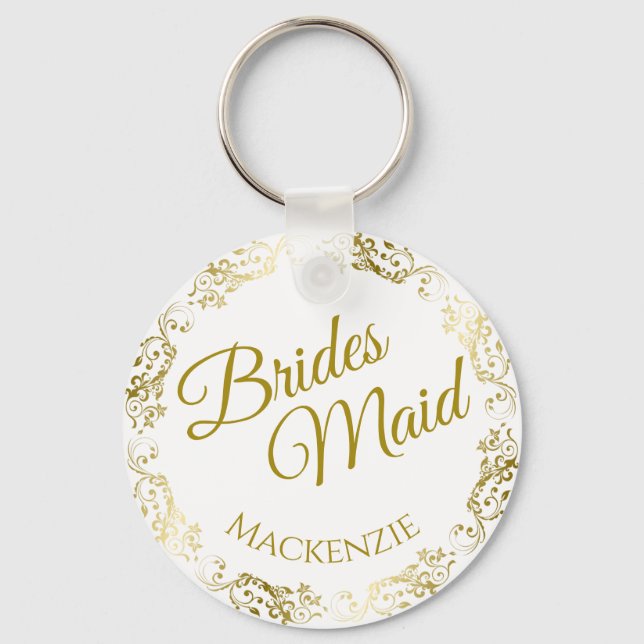 Elegante Goldlace auf der White Bridesmaid Hochzei Schlüsselanhänger (Vorderseite)