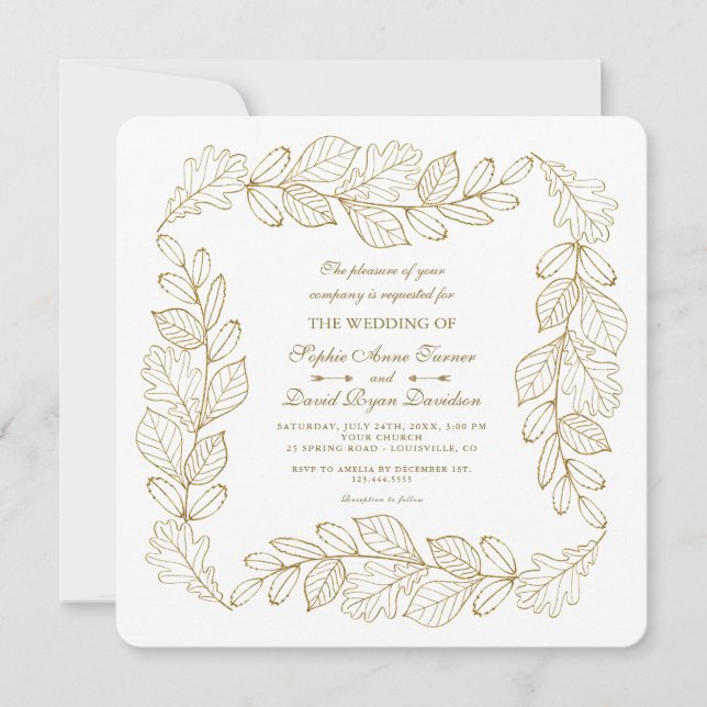 Elegante Goldleafy-Rahmen Hochzeit Einladung (Vorderseite)
