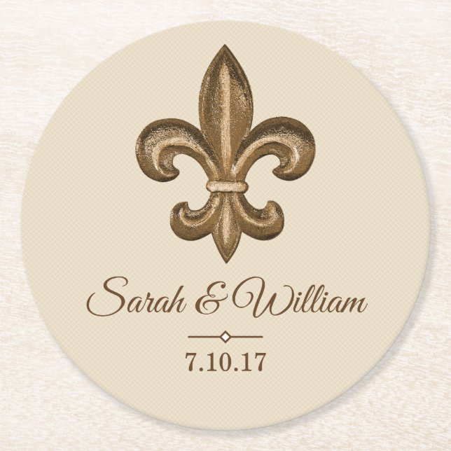 Elegante GoldLilie u. Taupe | personalisiert Runder Pappuntersetzer (Vorderseite)