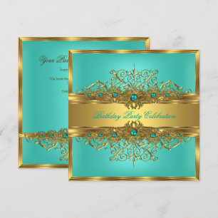 Elegante Goldlitze Jadegrün Türkis Perlen Party Einladung