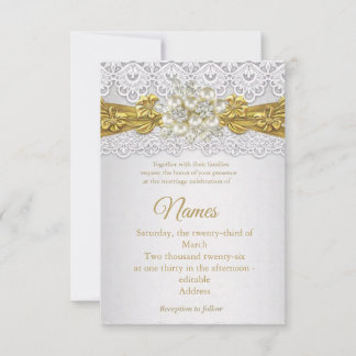 Elegante Goldlitzen- und Perlen-Hochzeitseinladung Einladung
