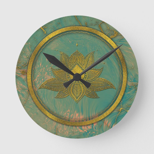 Elegante Goldlotos-Blume auf Marmor Runde Wanduhr (Vorderseite)