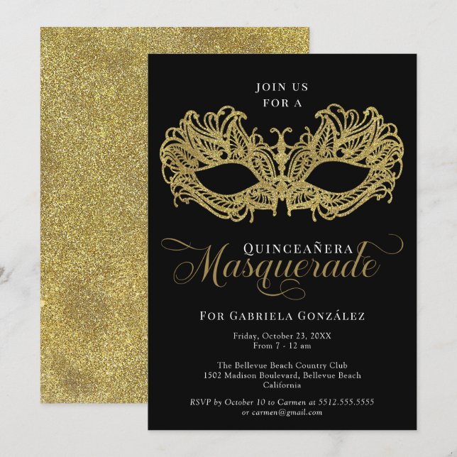 Elegante Goldmasquerade Maske Quinceanera Einladung (Vorne/Hinten)