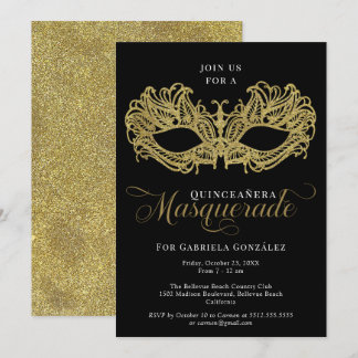 Elegante Goldmasquerade Maske Quinceanera Einladung