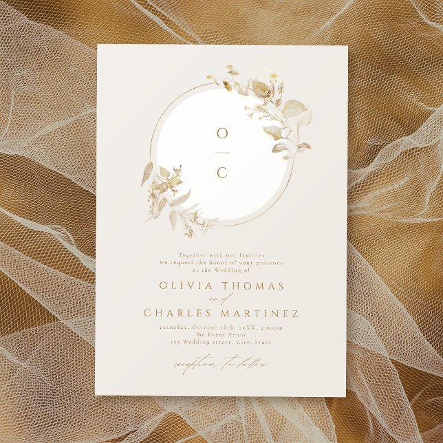 Elegante Goldmedaille Einladung (Elegant Gold Botanical Wreath Monogram Wedding Invitation)