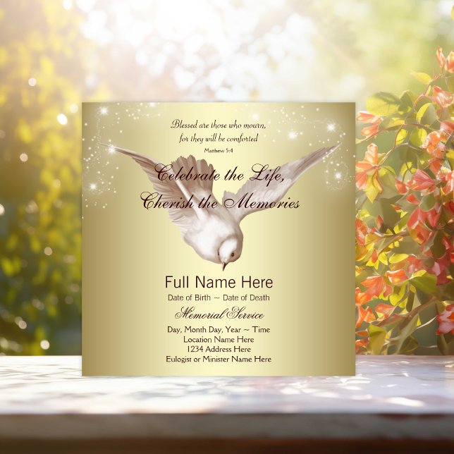 Elegante Goldmedaille im Gedächtnis Einladung (Elegant gold dove memorial service announcements. Simply add your event details.)