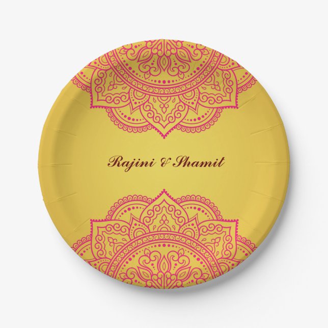 Elegante Goldmedaille und rosa Mandala-Indianerauf Pappteller (Vorderseite)