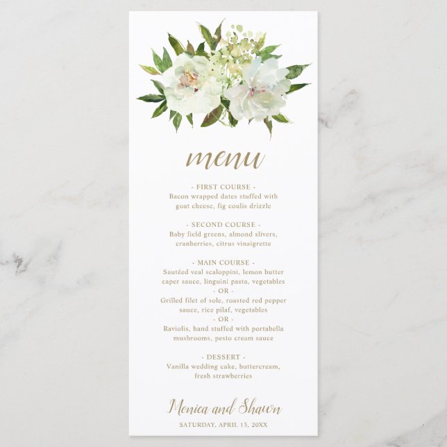 Elegante Goldmedaille Weiße Flora Moderne Hochzeit Menükarte (Vorderseite)