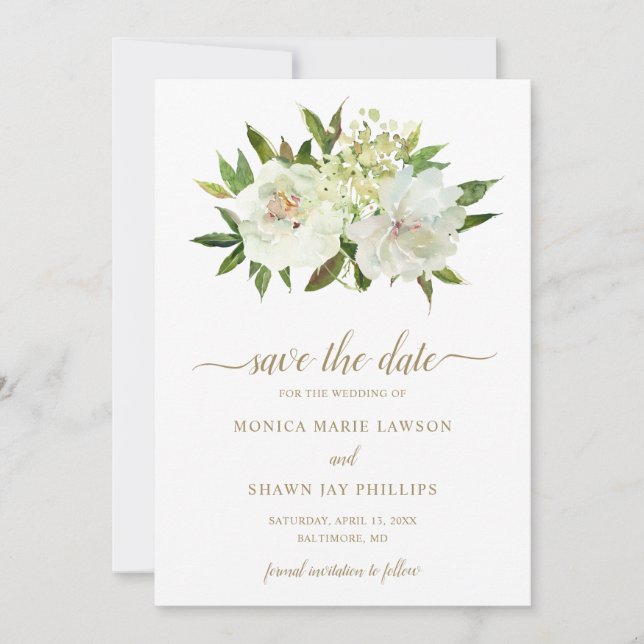 Elegante Goldmedaille Weiße Flora Moderne Hochzeit Save The Date (Vorderseite)