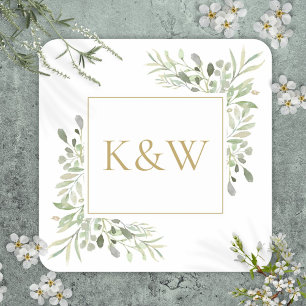 Elegante Goldmonogramm-Grünpflanzen-Hochzeit Quadratischer Aufkleber