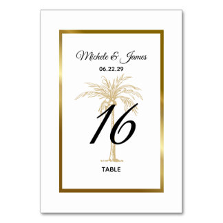 Elegante Goldpalme Tree Tropische Hochzeit Tischnummer