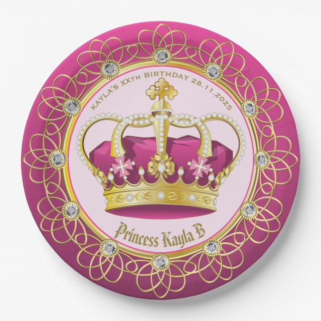 Elegante Goldperlen machen Ihre eigene rosa Krone  Pappteller (Vorderseite)