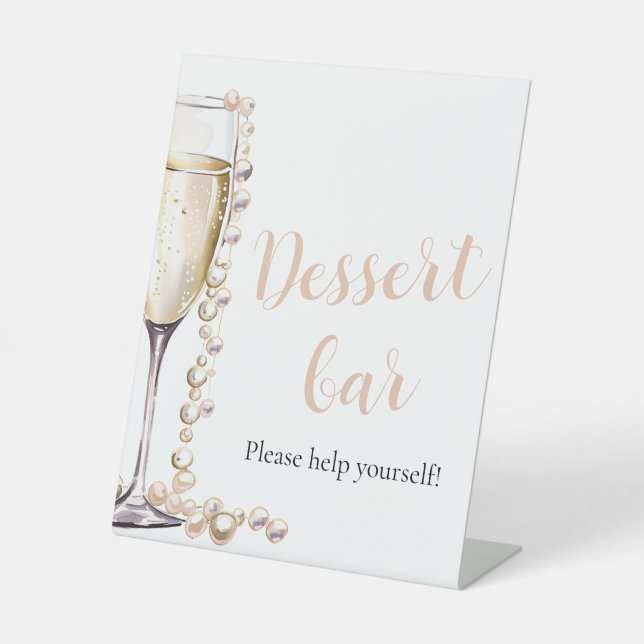 Elegante Goldperlen und Prosecco Dessert Bar Sign Sockelschild (Vorderseite)