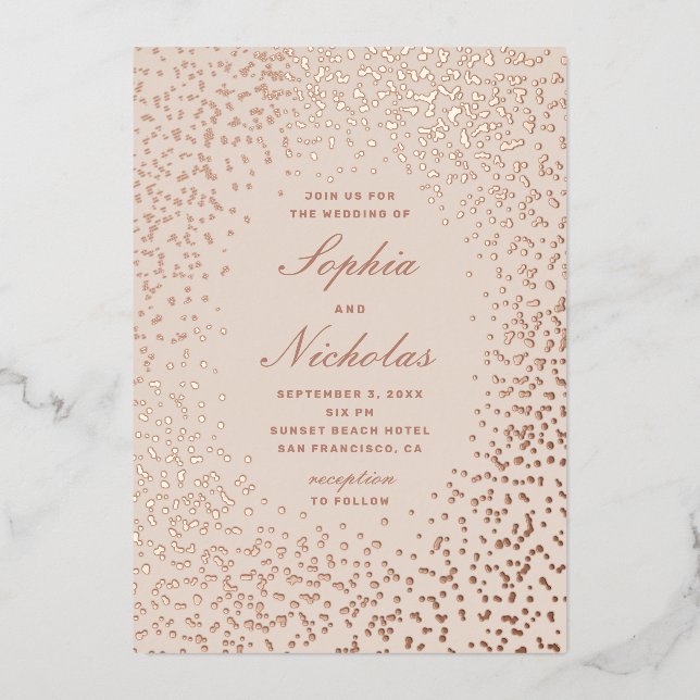 Elegante Goldpolka-Punkte. Elfenbeinhochzeit Folieneinladung (Vorderseite)