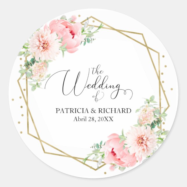 Elegante Goldrahmen Geometric Blush Floral Wedding Runder Aufkleber (Vorderseite)