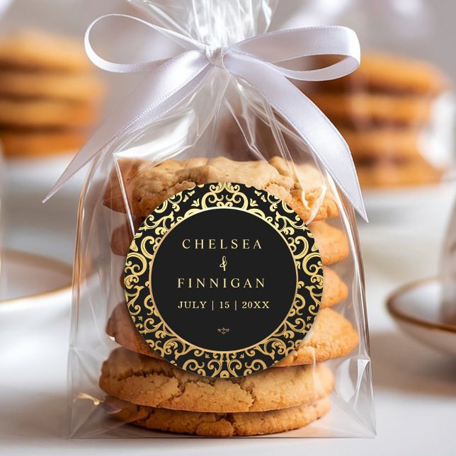 Elegante Goldrahmen-Hochzeit Runder Aufkleber (#weddingsticker #goldfoilsticker #luxurywedding #blackandgold #favorwedding #elegantgoldframe)