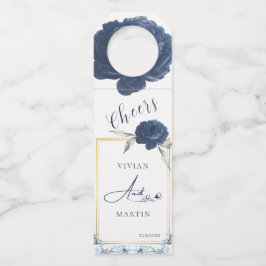 Elegante Goldrahmen-Navy-Blue-Rose Hochzeit Flaschenanhänger
