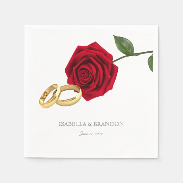 Elegante Goldrings und Rote Rosen Hochzeit Serviette (Vorderseite)