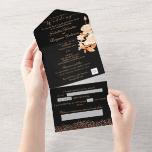 Elegante Goldrose Schwarze Hochzeit All In One Einladung
