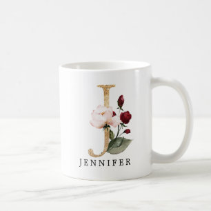 Elegante Goldrosé- und Burgunder-Blume Buchstabe J Kaffeetasse