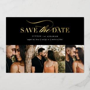 Elegante Goldschrift 3 Foto-Collage Save-the-Date Folieneinladung