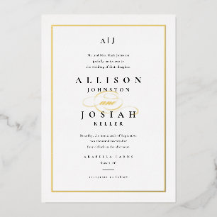 Elegante Goldschrift klassische weiße Hochzeit Folieneinladung