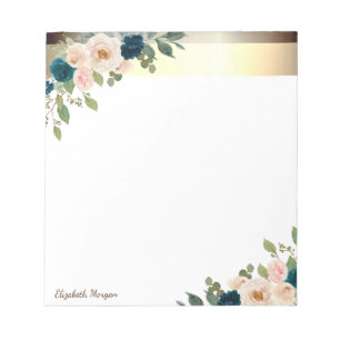 Elegante Goldstreifen, Blaue Blumen Notizblock