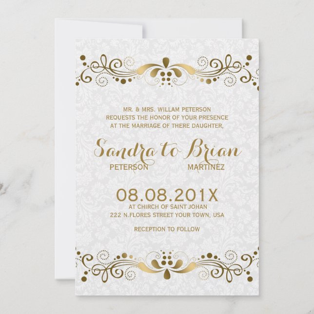 Elegante Goldtöne mit blühender Oberfläche mit wei Einladung (Rückseite)