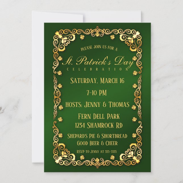 Elegante Goldtrim und Kleeblatt St. Patrick's Day Einladung (Vorderseite)