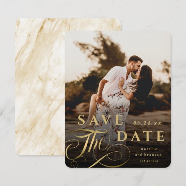 Elegante Goldtypografie mit Marmorbacken-Foto Save The Date (Vorne/Hinten)