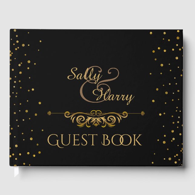 Elegante GoldWedding | Black Gold Confetti Dots Gästebuch (Vorderseite)