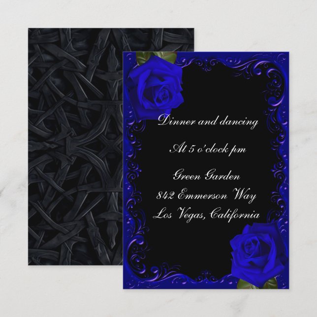 Elegante Goth Blue Rose Empfang Card Einladung (Vorne/Hinten)