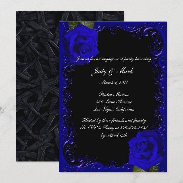 Elegante Goth Blue Rose Engagement Party Einladung (Vorne/Hinten)