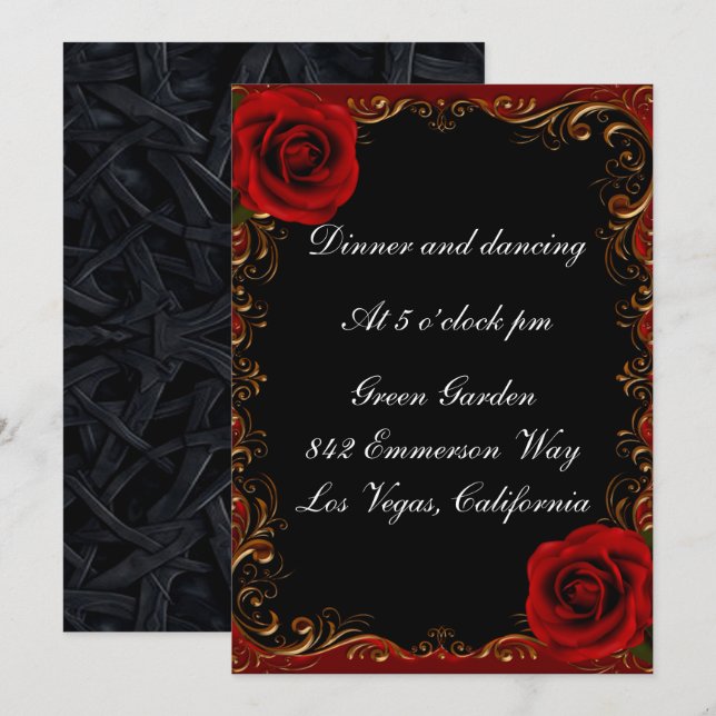 Elegante Goth Rote Rosen Empfang Card Einladung (Vorne/Hinten)